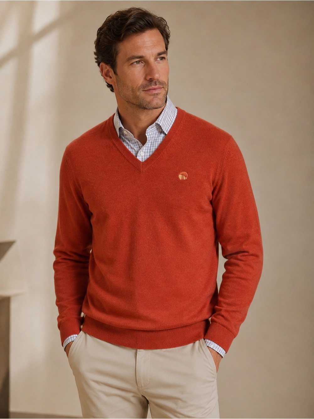 Peter Millar 100% Cashmere V-Neck Sweater Men’s L Rust Orange Embroidered Logo